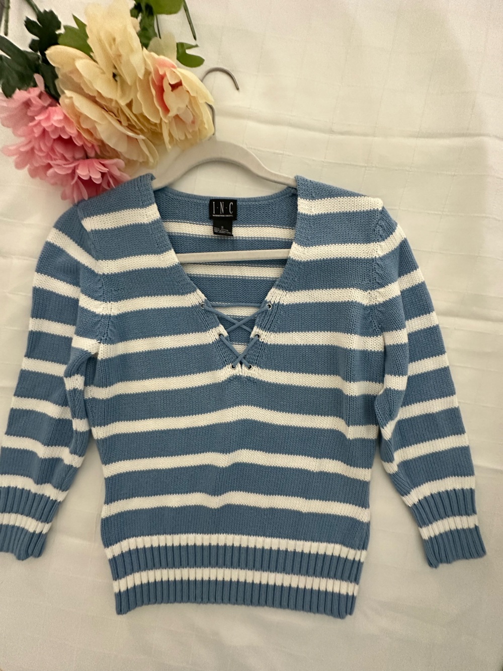 INC International Concepts NWOT Blue and White Striped Lace-Up V-Neck Sweater